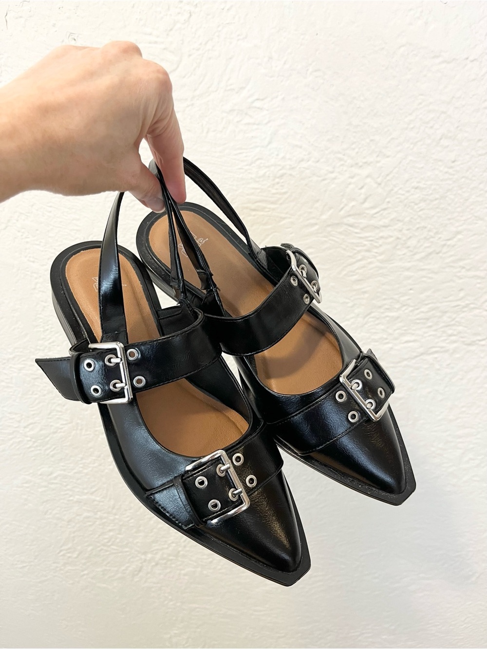 Black Faux Leather Buckle Flats Slingback Whimsigoth Goth Preppy 8